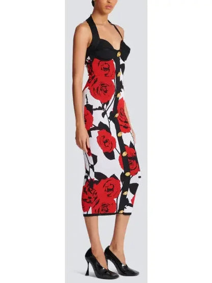 Halterneck Dress in Red Roses Jacquard Knit
