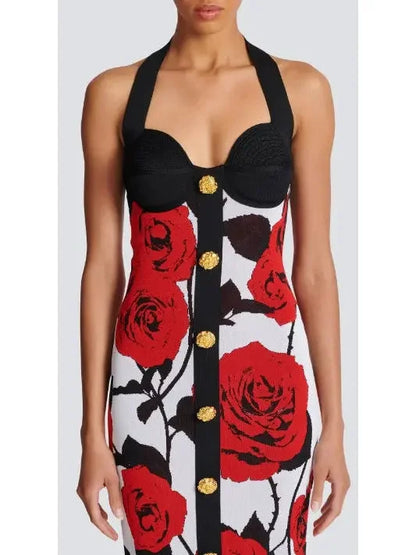 Halterneck Dress in Red Roses Jacquard Knit