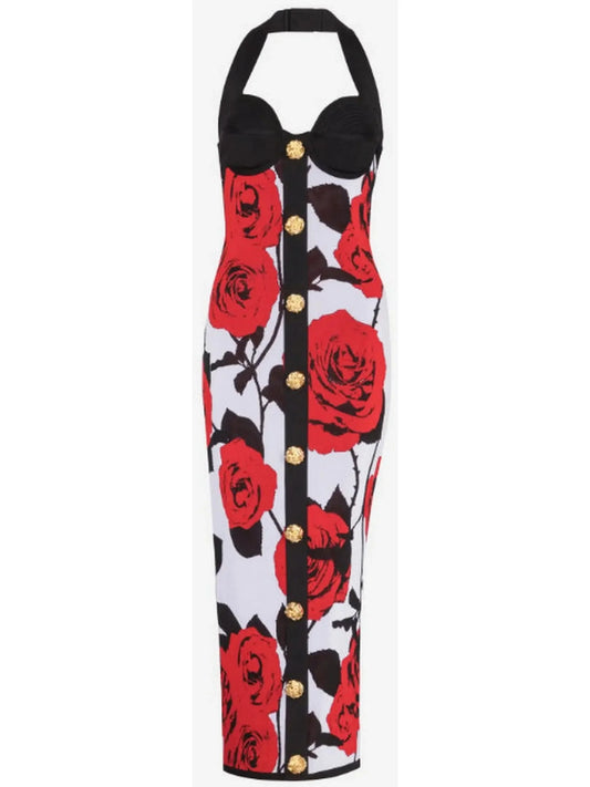 Halterneck Dress in Red Roses Jacquard Knit - s