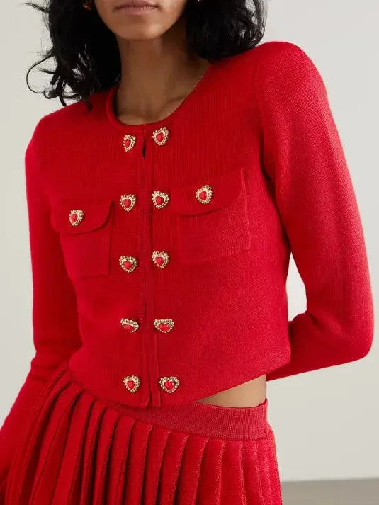 Heart-Button Knit Red Cardigan and Pleated Skirt Set - Suits & Sets
