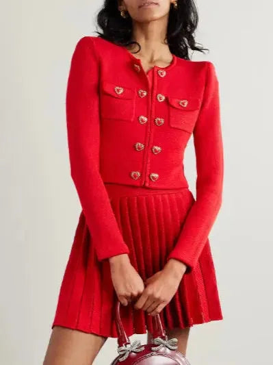 Heart-Button Knit Red Cardigan and Pleated Skirt Set - Suits & Sets
