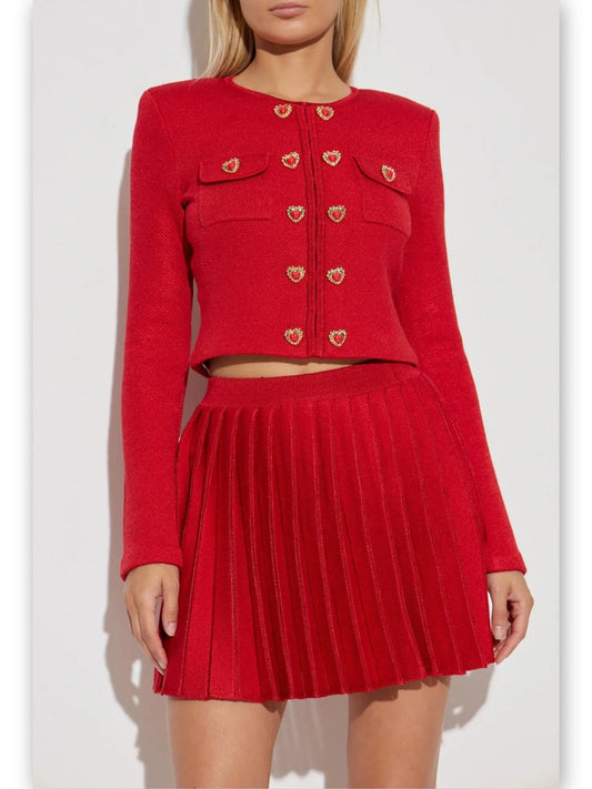 Heart-Button Knit Red Cardigan and Pleated Skirt Set - Suits & Sets