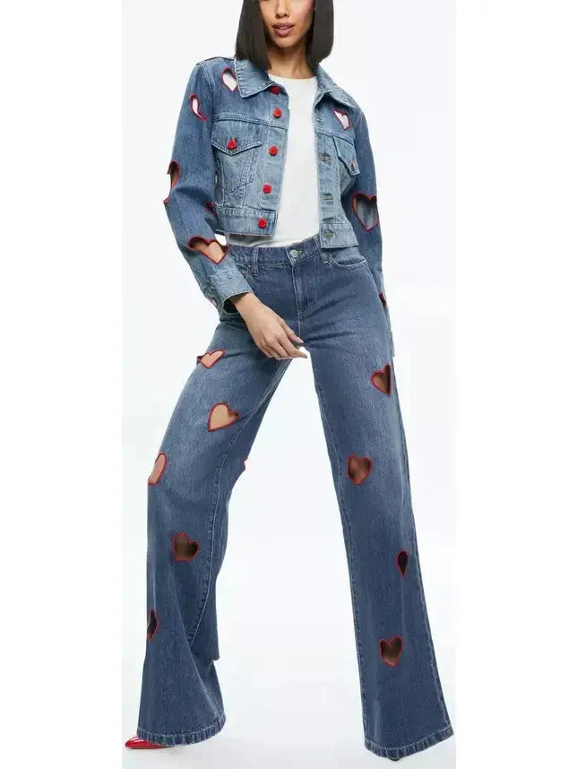 Heart Cut-Out Cropped Denim Jacket and Jean Set - small - Suits & Sets