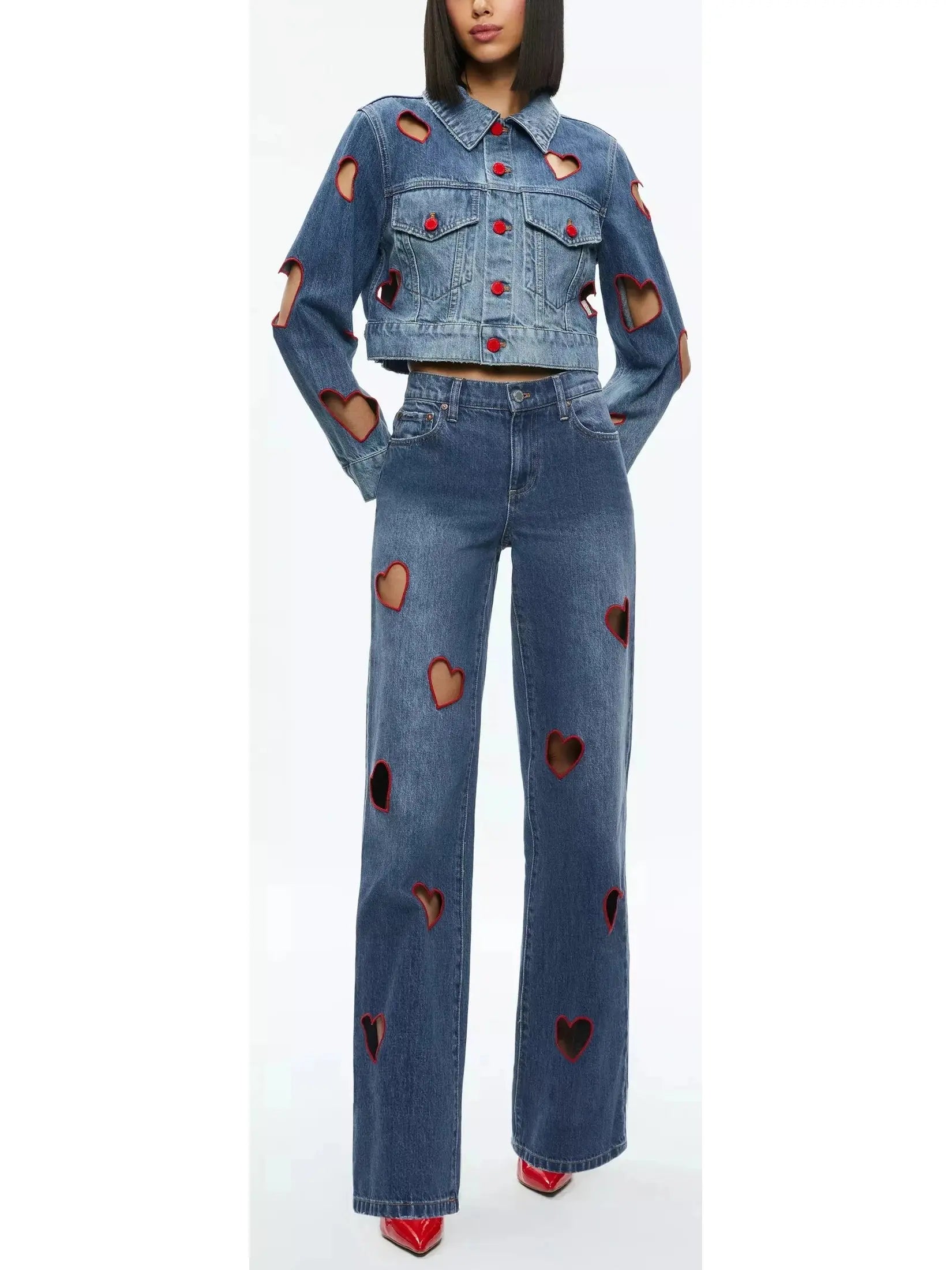 Heart Cut-Out Cropped Denim Jacket and Jean Set - Suits & Sets