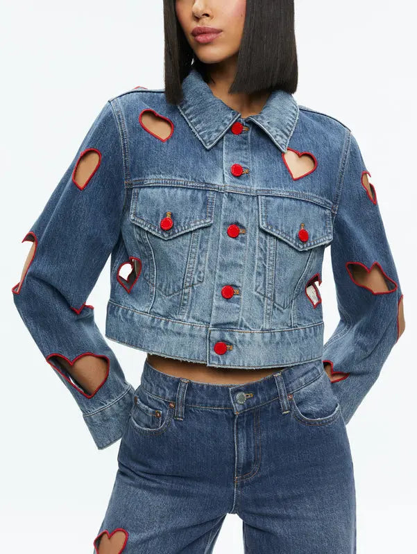 Heart Cut-Out Cropped Denim Jacket and Jean Set - Suits & Sets