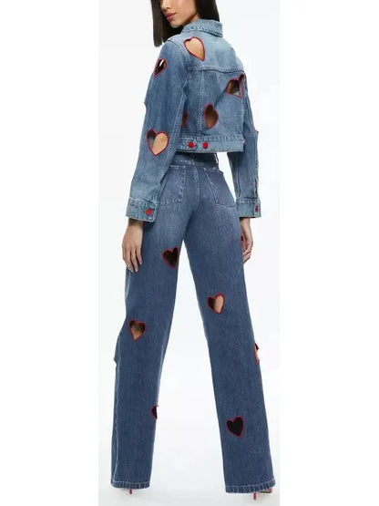 Heart Cut-Out Cropped Denim Jacket and Jean Set - Suits & Sets