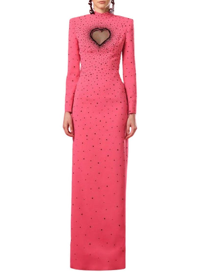 Heart Cut-Out Pink Maxi Dress with Black Studs - Dresses
