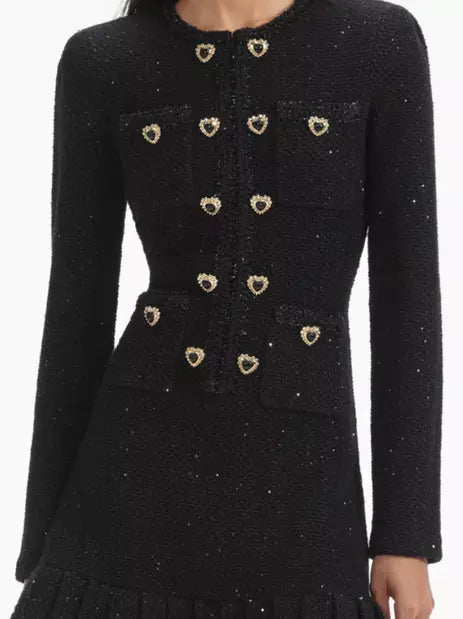 Heart-Decorative-Button-Embellished Black Tweed Mini Dress - Dresses