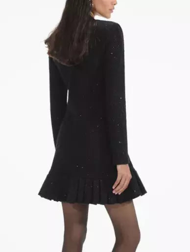 Heart-Decorative-Button-Embellished Black Tweed Mini Dress - Dresses