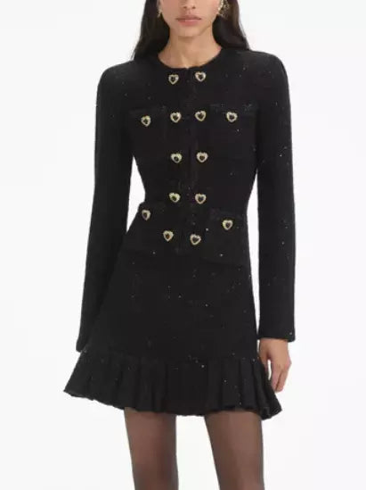 Heart-Decorative-Button-Embellished Black Tweed Mini Dress - Dresses