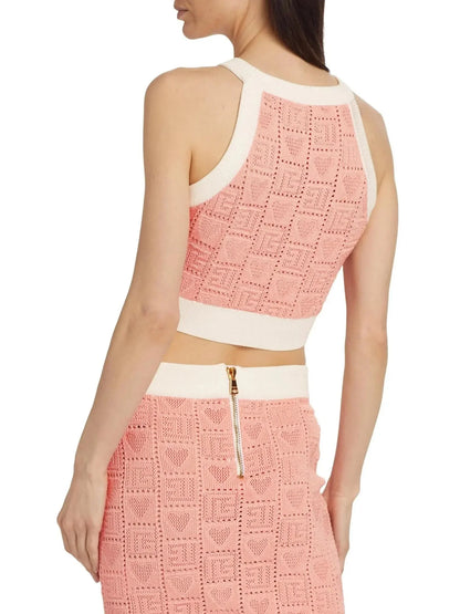 Heart Pointelle Halter Knit Crop Top - Tops