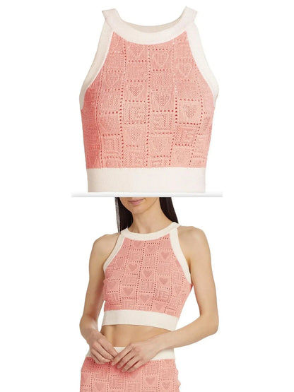 Heart Pointelle Halter Knit Crop Top - small - Tops