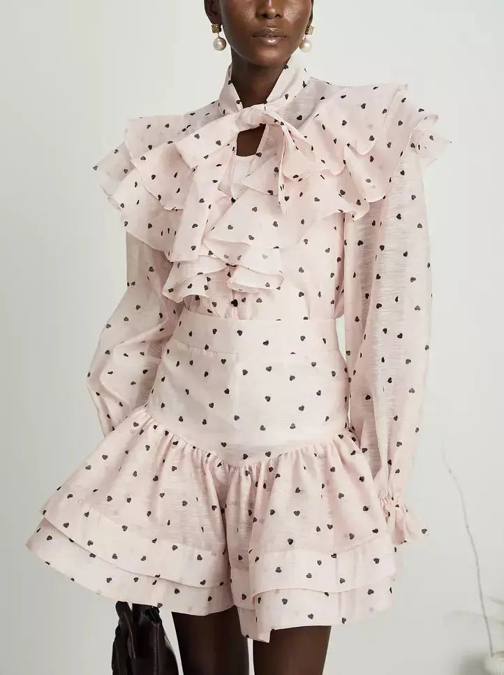 Heart-Print Ruffle Blouse and Matching Skirt Set in Pink - Suits & Sets