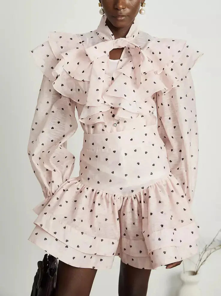 Heart-Print Ruffle Blouse and Matching Skirt Set in Pink - Suits & Sets