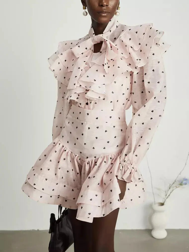 Heart-Print Ruffle Blouse and Matching Skirt Set in Pink - Suits & Sets