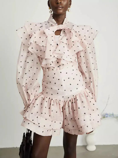 Heart-Print Ruffle Blouse and Matching Skirt Set in Pink - Suits & Sets