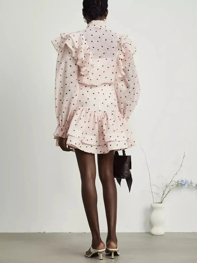 Heart-Print Ruffle Blouse and Matching Skirt Set in Pink - Suits & Sets