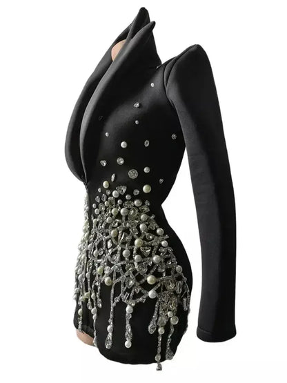 Heavily-Embellished Front-Zip Low-Cut Black Blazer-Mini-Dress - Dresses