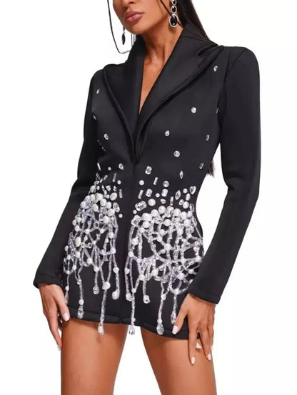 Heavily-Embellished Front-Zip Low-Cut Black Blazer-Mini-Dress - Dresses