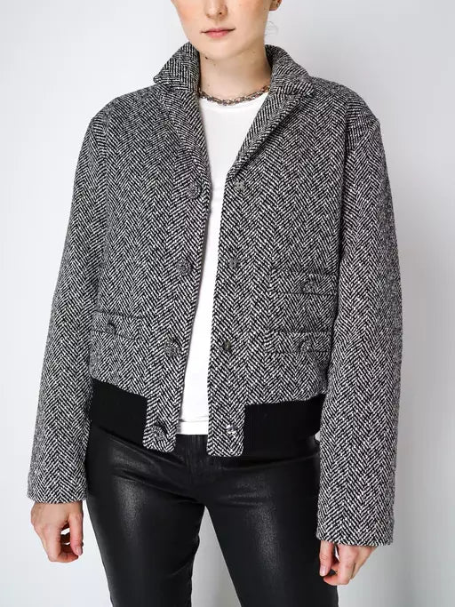 Herringbone Bomber Jacket with Rhinestone Buttons - Jackets