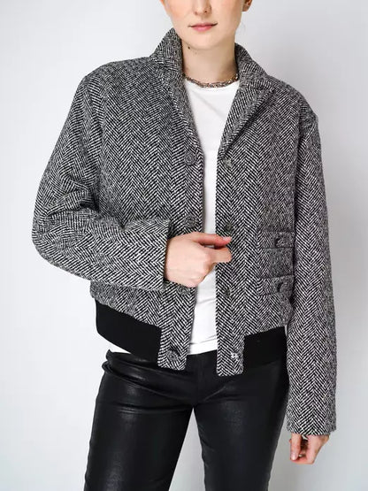 Herringbone Bomber Jacket with Rhinestone Buttons - Jackets