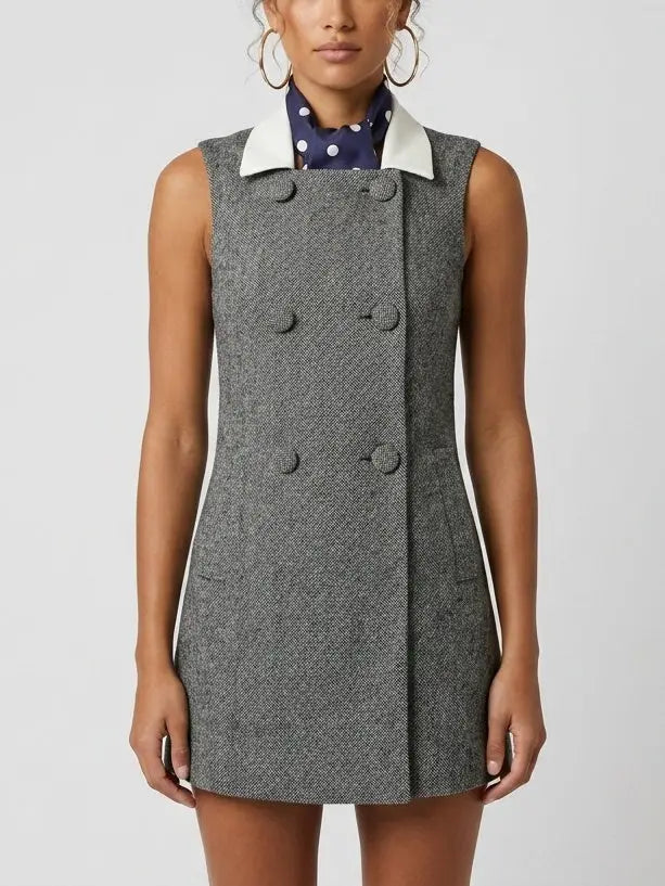 Herringbone Double-Breasted Mini Dress with Scarf - Dresses