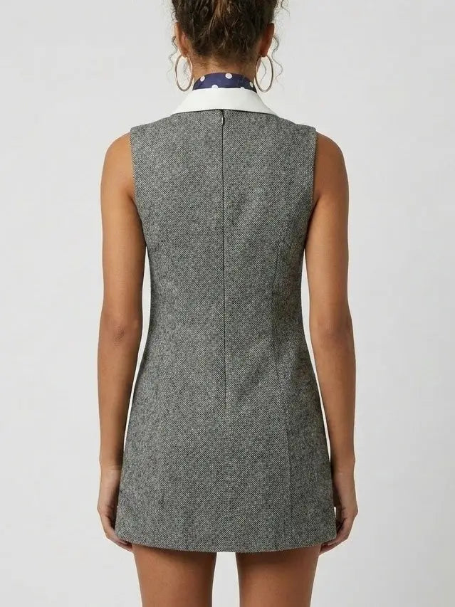 Herringbone Double-Breasted Mini Dress with Scarf - Dresses