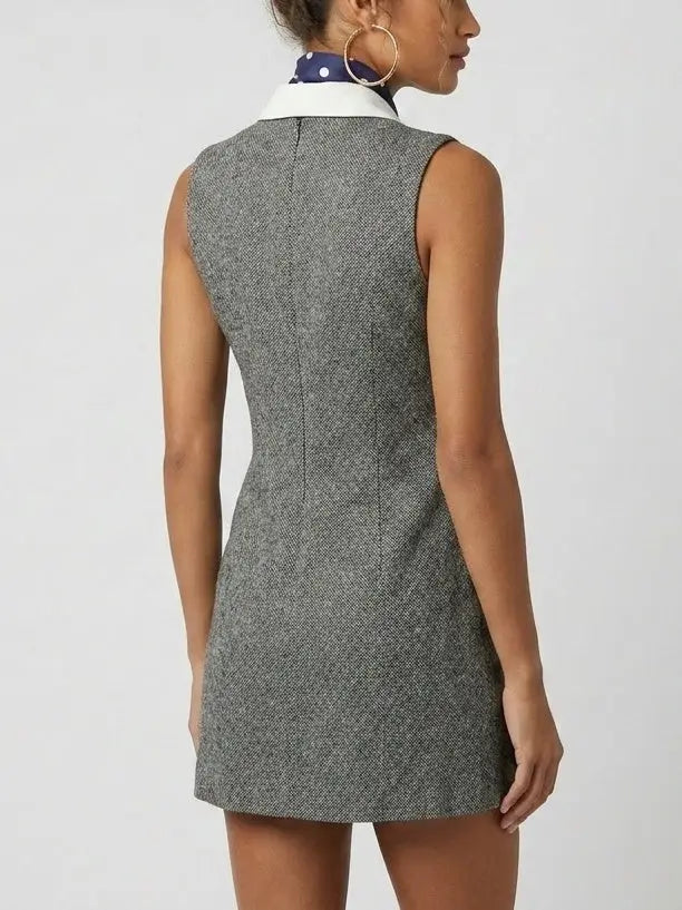Herringbone Double-Breasted Mini Dress with Scarf - Dresses