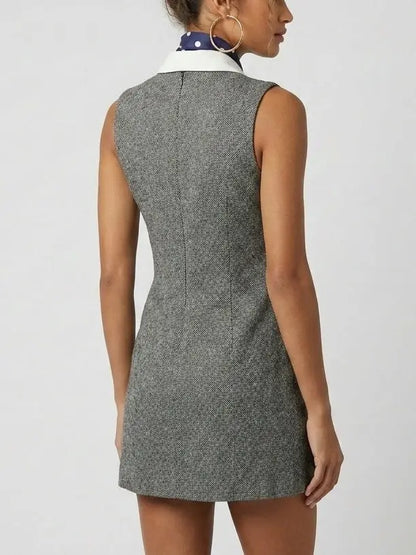 Herringbone Double-Breasted Mini Dress with Scarf - Dresses