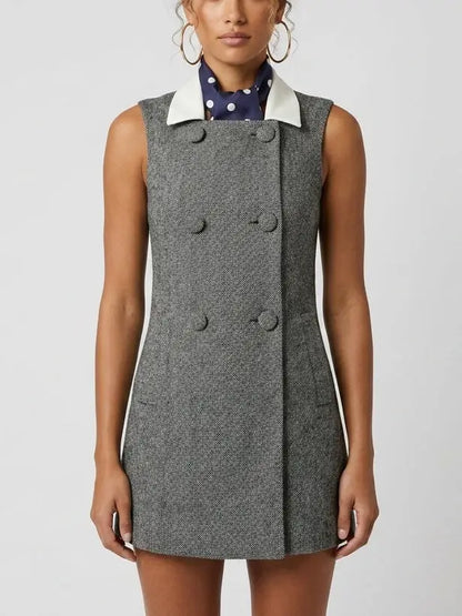 Herringbone Double-Breasted Mini Dress with Scarf - S - Dresses