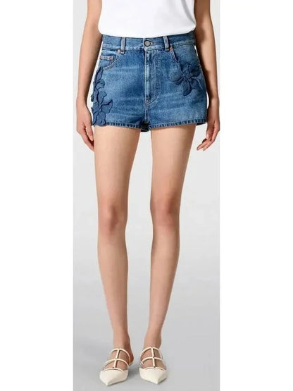 Hibiscus-Detail Denim Shorts - Jeans & Pants