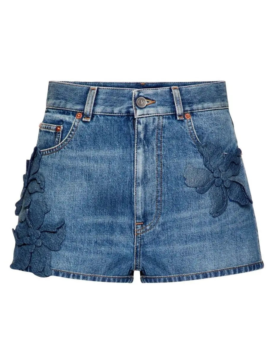 Hibiscus-Detail Denim Shorts - Jeans & Pants