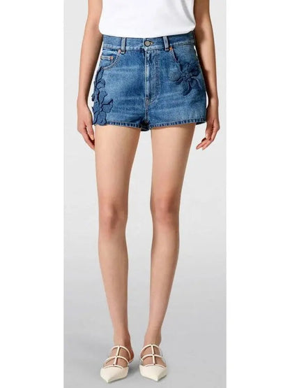 Hibiscus-Detail Denim Shorts - Jeans & Pants