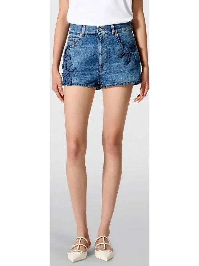 Hibiscus-Detail Denim Shorts - Jeans & Pants