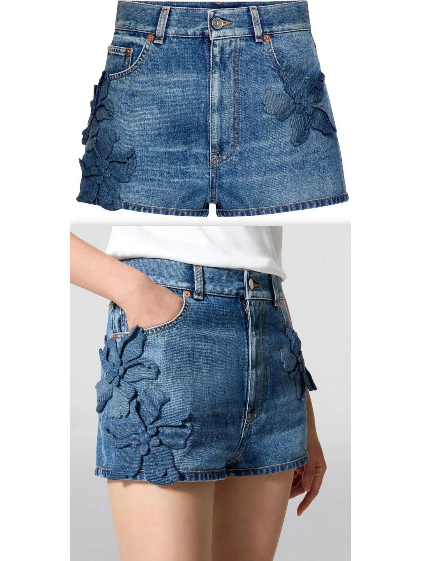 Hibiscus-Detail Denim Shorts - Small / Waist: 66cm - Jeans & Pants