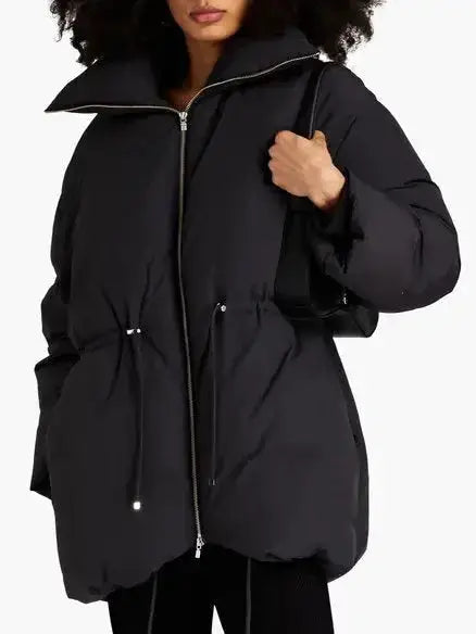 High-Collar Down Jacket in Black with Drawstring Waist