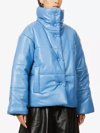 High-Collar Vegan Leather Padded Jacket in Blue - Jackets