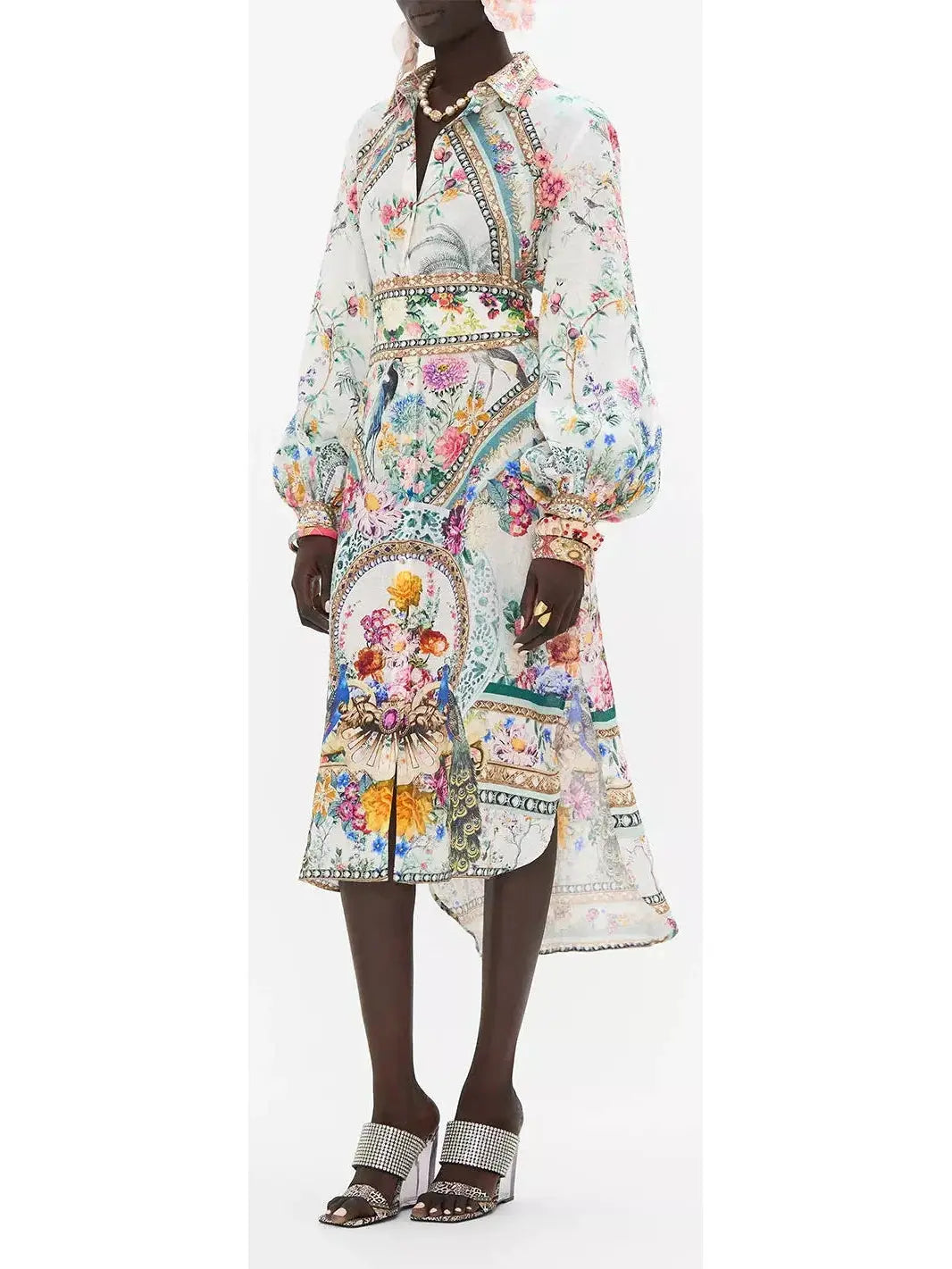 High-Low Multicolor Printed Midi Shirt Dress - Dresses