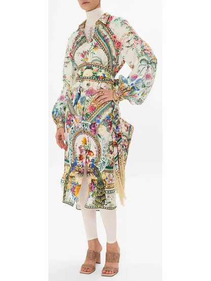 High-Low Multicolor Printed Midi Shirt Dress - Dresses