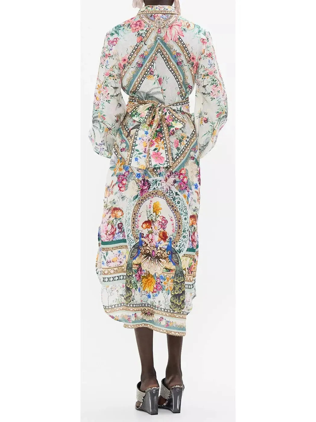 High-Low Multicolor Printed Midi Shirt Dress - Dresses