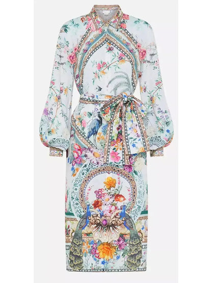 High-Low Multicolor Printed Midi Shirt Dress - Dresses