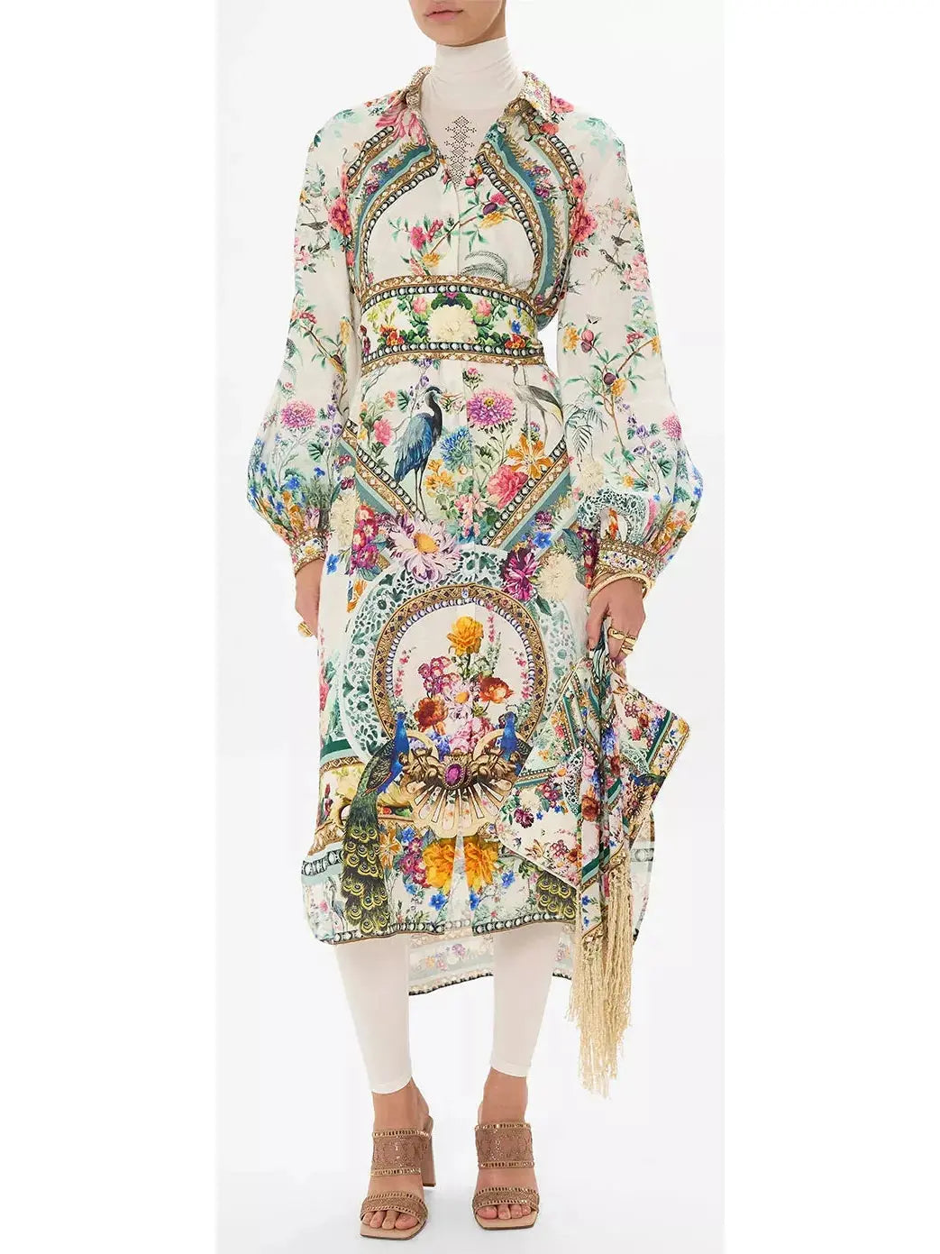 High-Low Multicolor Printed Midi Shirt Dress - Dresses