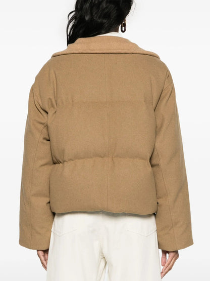 High-Neck Flannel Puffer Jacket in Beige - Jackets