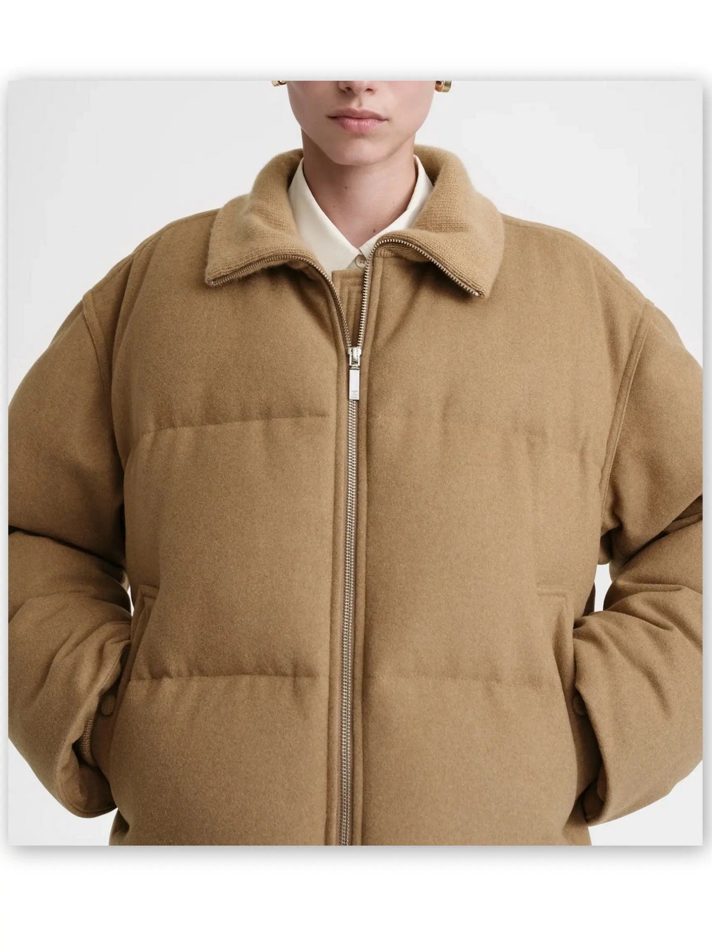 High-Neck Flannel Puffer Jacket in Beige - Jackets