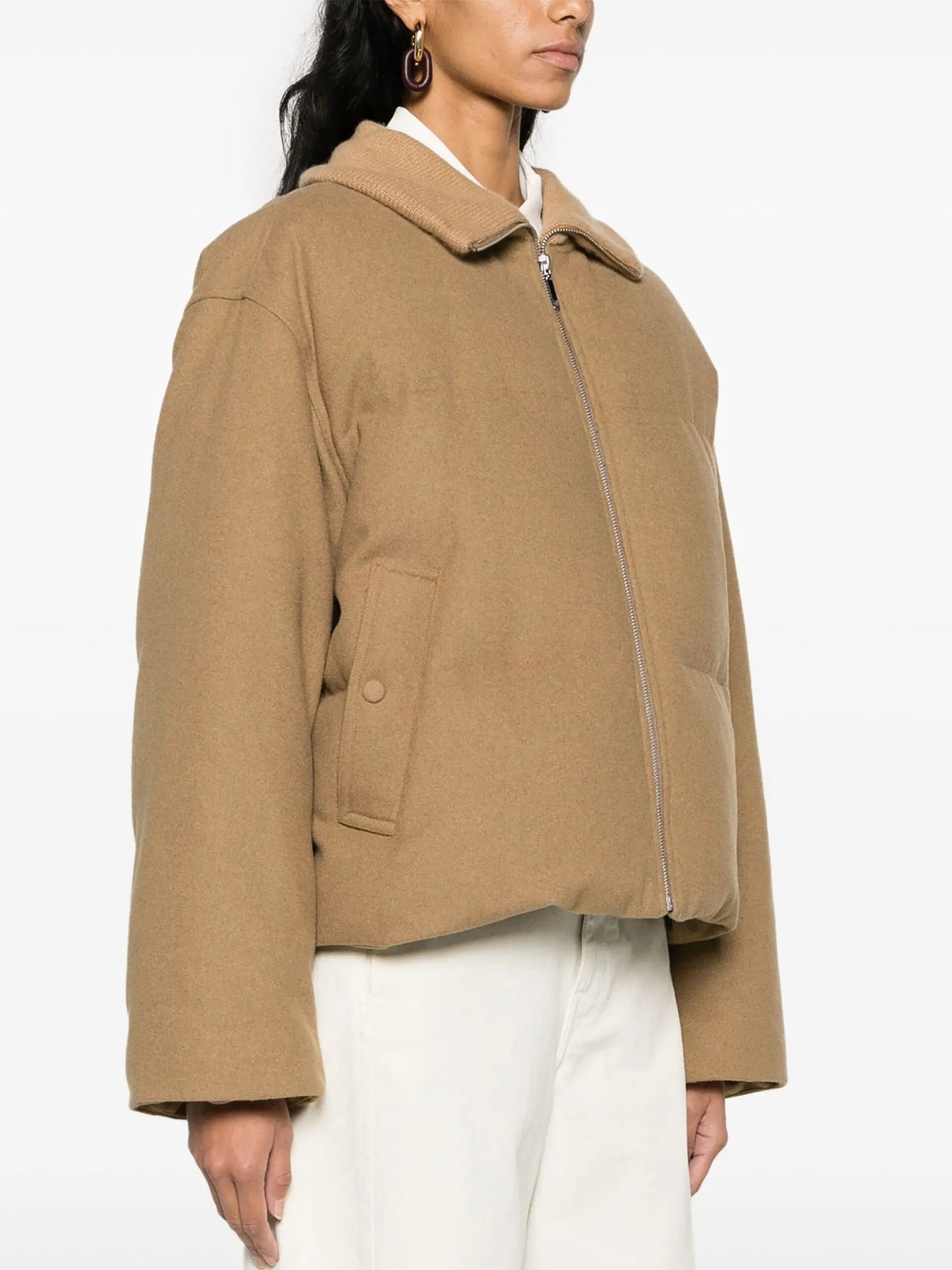 High-Neck Flannel Puffer Jacket in Beige - Jackets