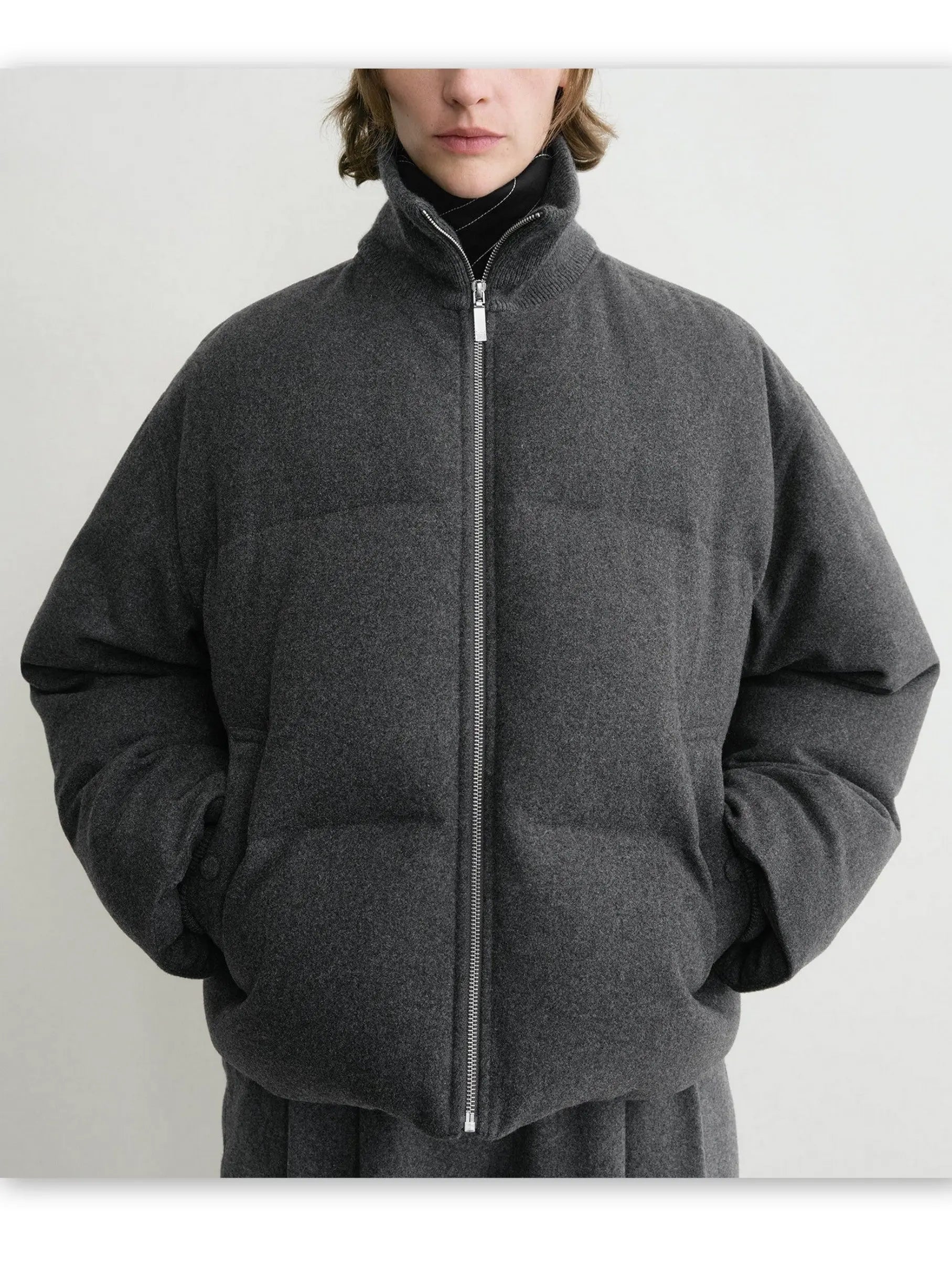 High-Neck Flannel Puffer Jacket in Grey - Jackets