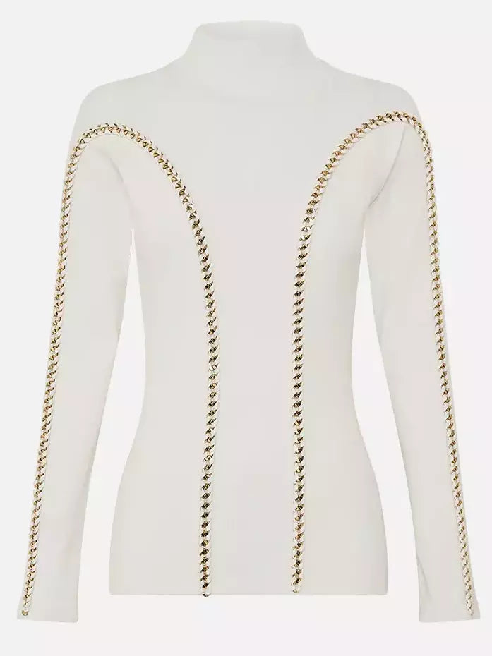 High-Neck Knit Top with Decorative Chain - Tops