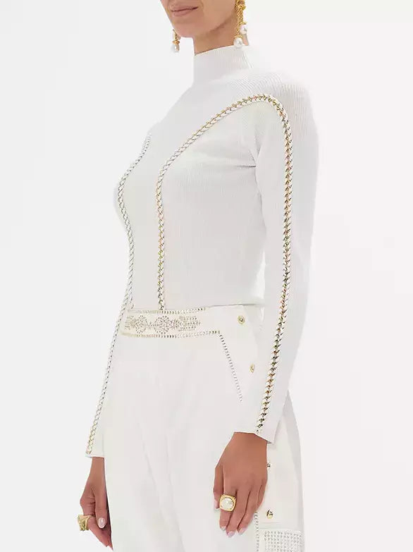 High-Neck Knit Top with Decorative Chain - Tops