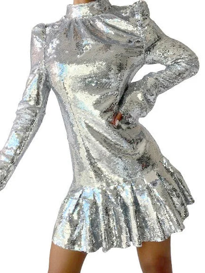 High-Neck Sequin-Embellished Ruffle-Trim Mini Dress - Dresses