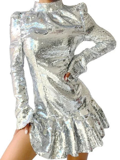 High-Neck Sequin-Embellished Ruffle-Trim Mini Dress - Dresses